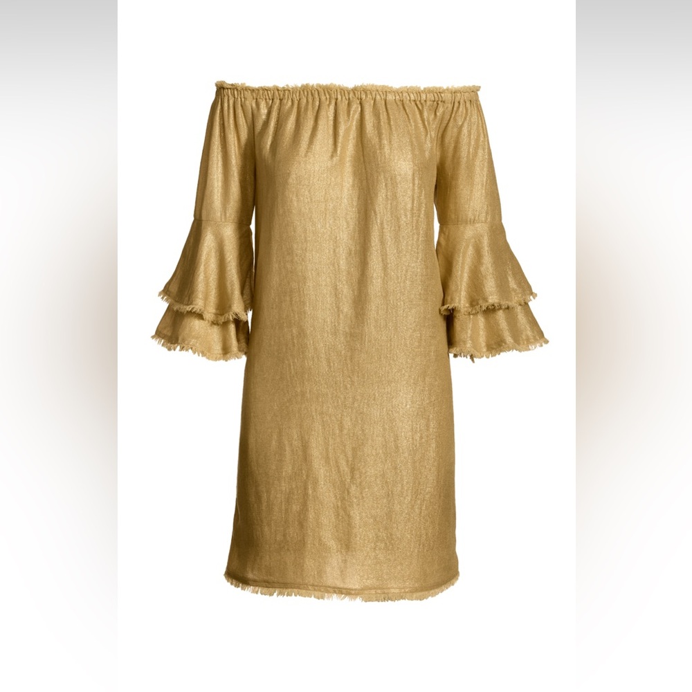 Boston Proper Linen Off The Shoulder Tiered Sleeve Shift Dress